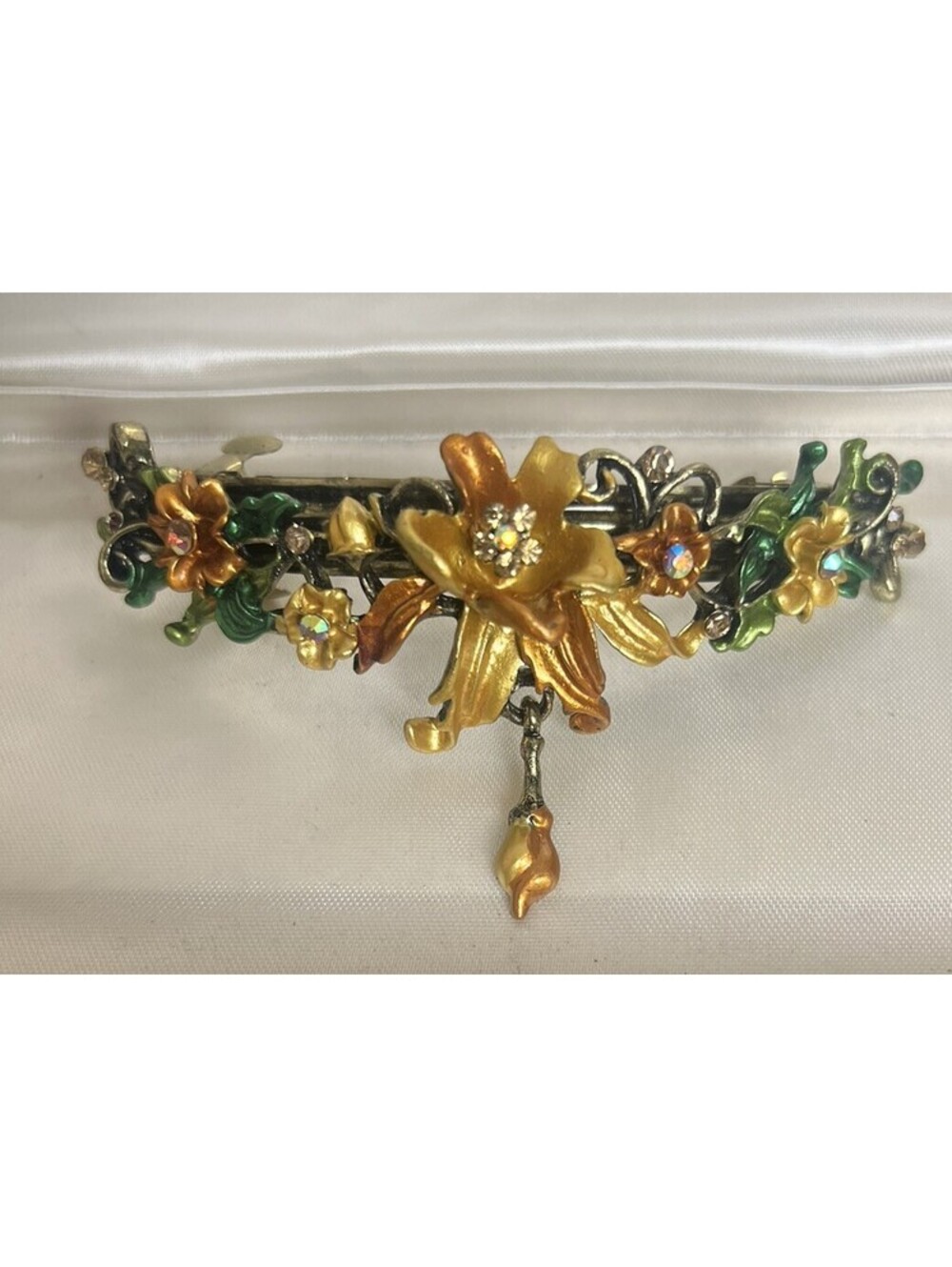 Large Crystal Flower Barrette Hair Clip w. Hanging Ornament Yellow